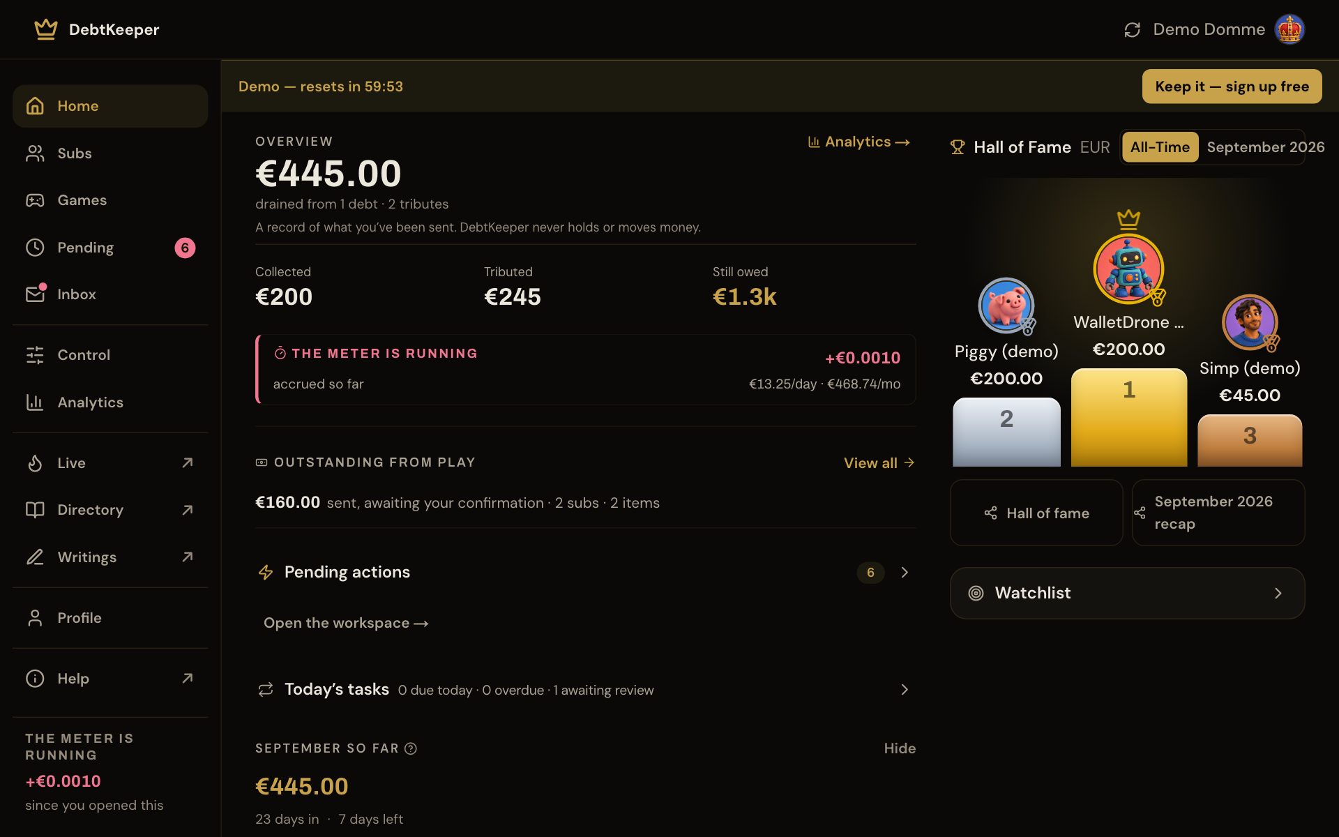 The DebtKeeper app in its live demo: the overview with totals and the running interest meter, beside a hall-of-fame podium